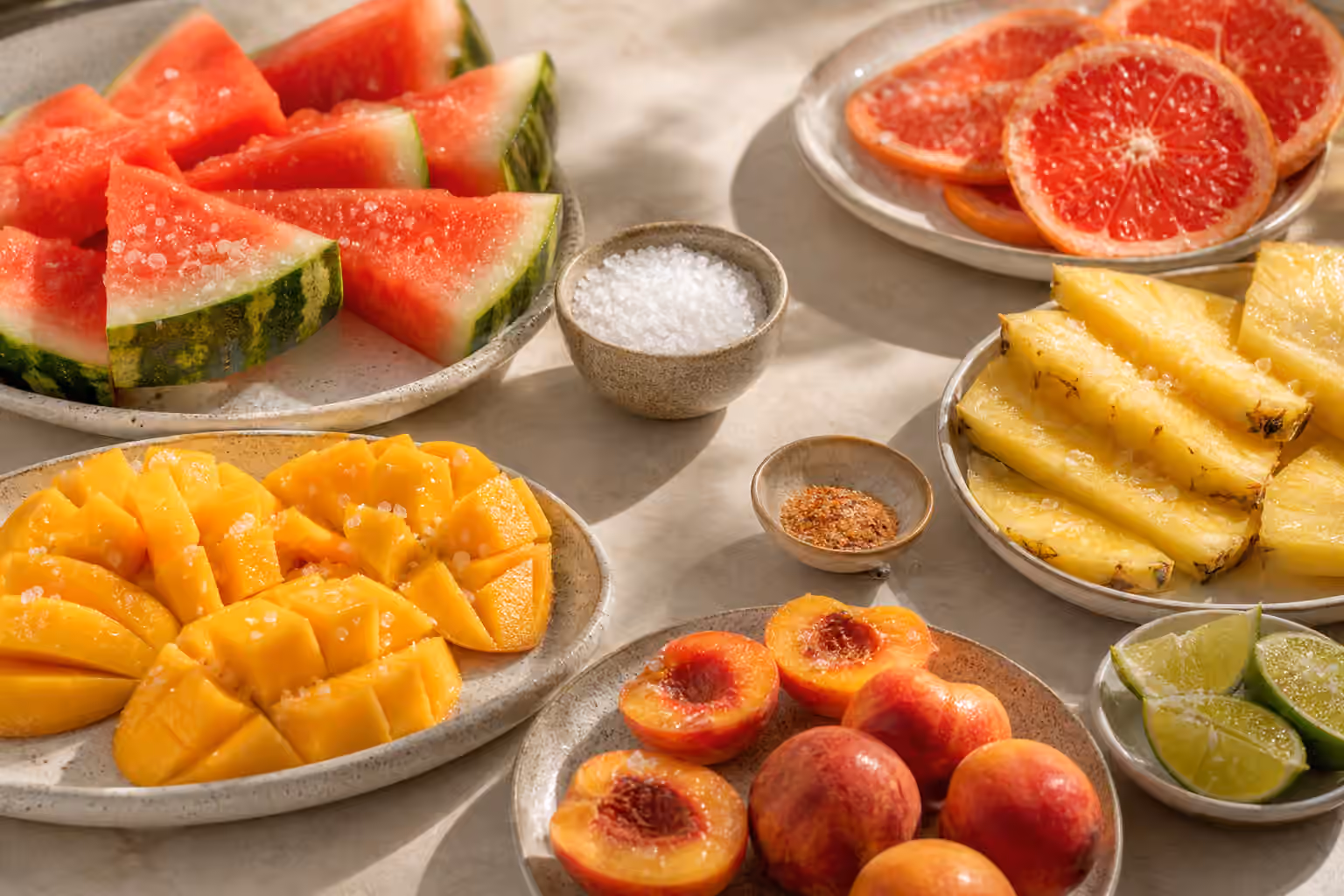 Sliced watermelon, grapefruit, pineapple, mango, stone fruit, lime, coarse salt, and chili-lime seasoning on a bright table.