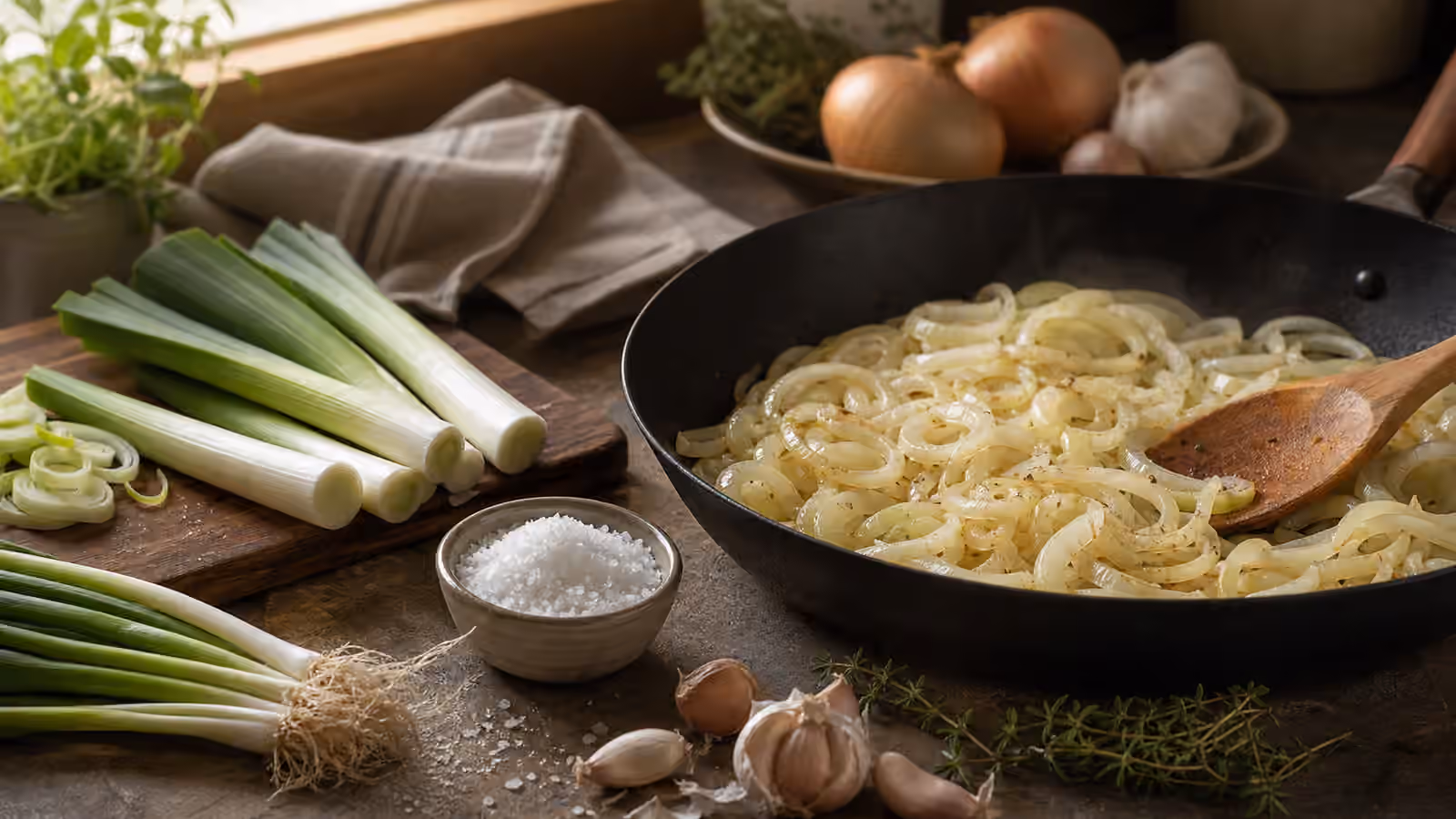 Sliced onions in a skillet with leeks, scallions, garlic, herbs, and a ceramic salt cellar on a kitchen counter.