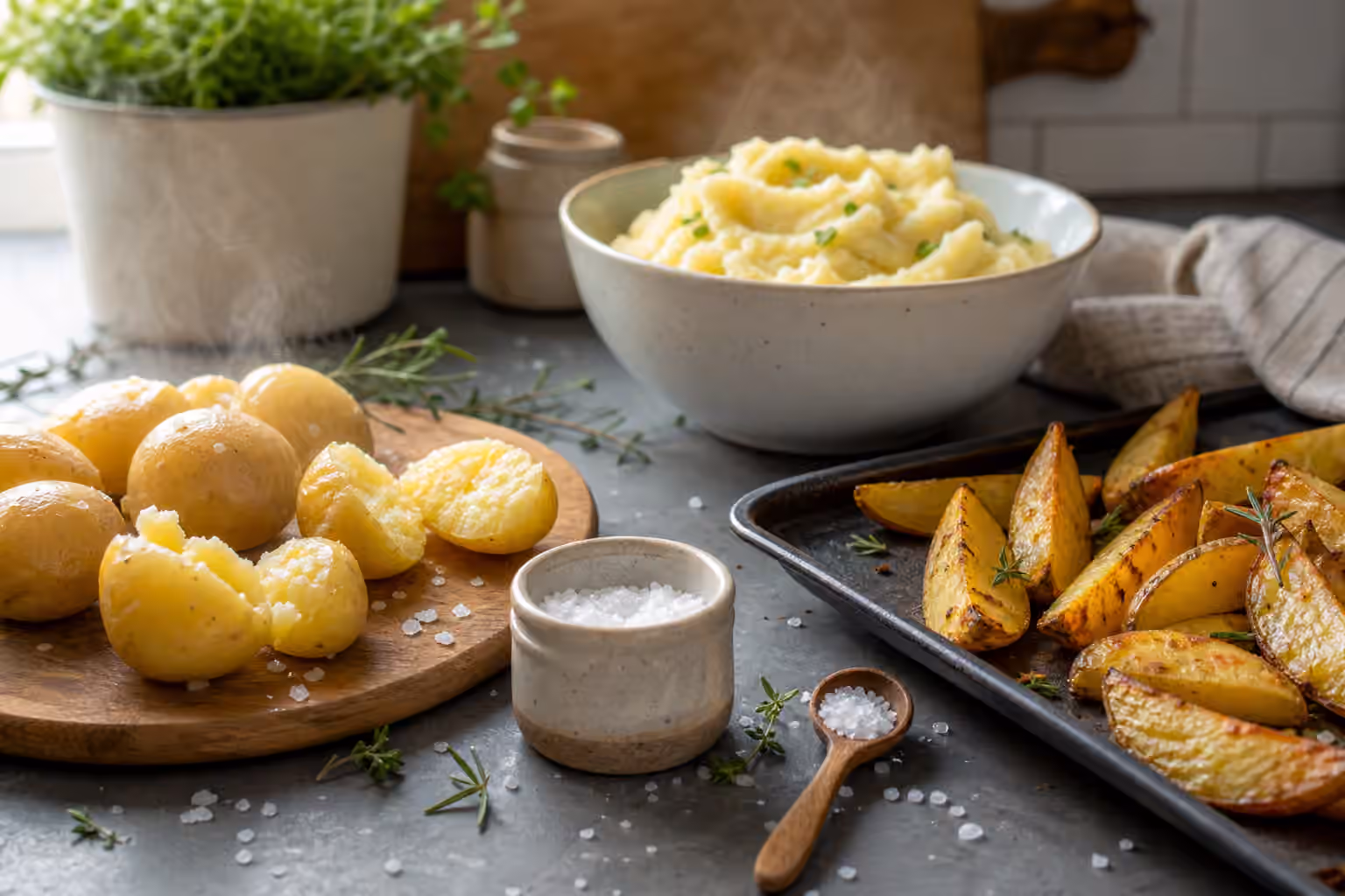 Boiled potatoes, roasted wedges, mashed potatoes, herbs, lemon, and a salt cellar on a kitchen counter.