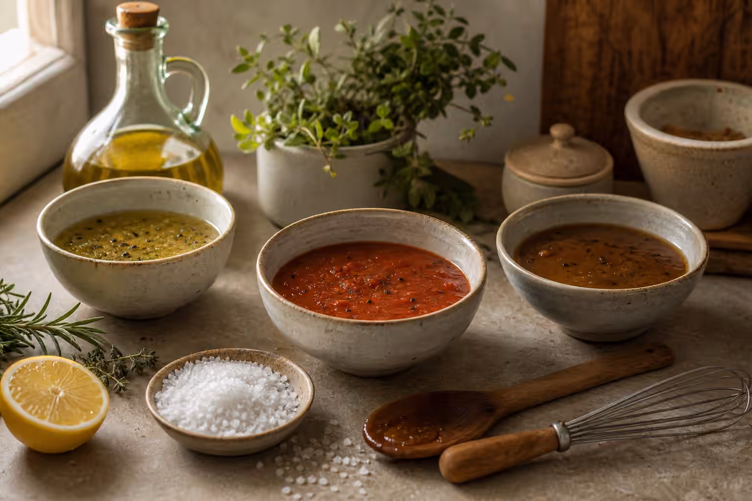 Bowls of vinaigrette, tomato sauce, and pan sauce beside coarse salt, lemon, olive oil, herbs, a spoon, and a whisk.