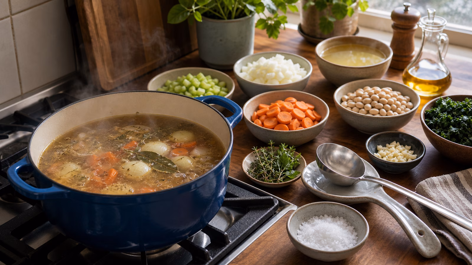 A home kitchen stove with a pot of soup simmering beside chopped vegetables, herbs, beans, coarse salt, a ladle, and a tasting spoon.