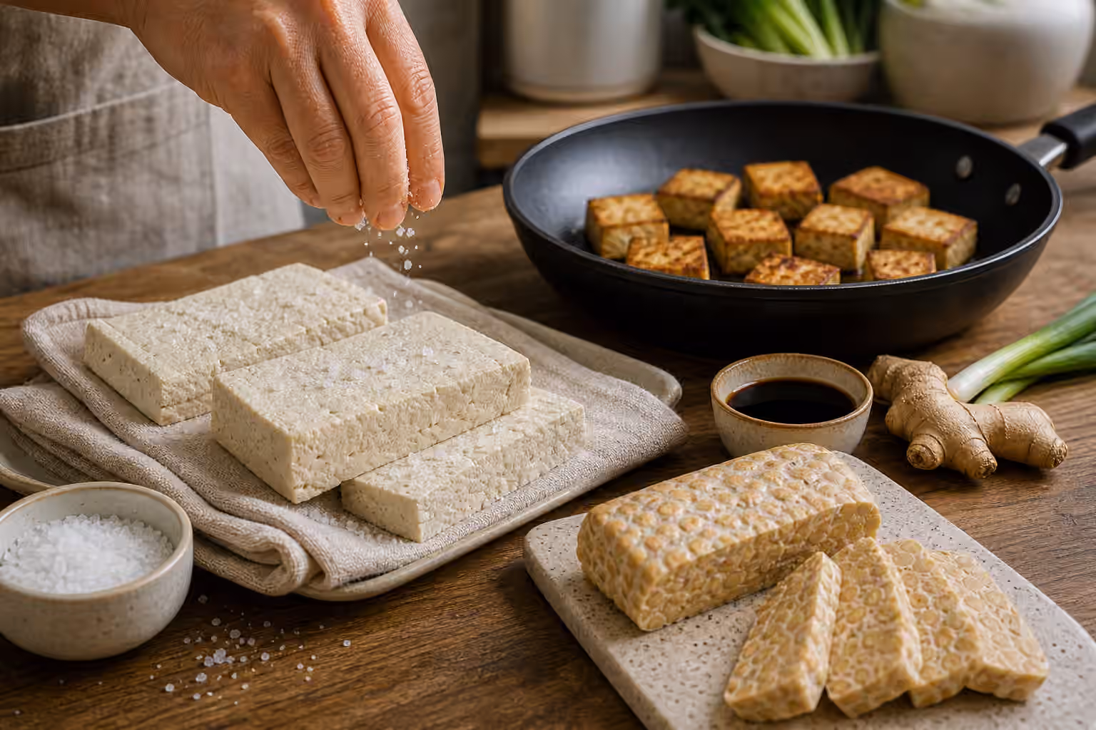 Pressed tofu slabs being sprinkled with coarse salt beside browned tofu cubes, tempeh slices, ginger, scallions, soy sauce, and a salt cellar.