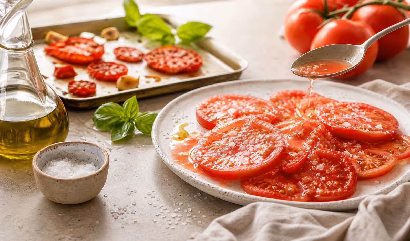 Sliced tomatoes with coarse salt, tomato juices, basil, olive oil, and roasted tomatoes on a bright kitchen counter.