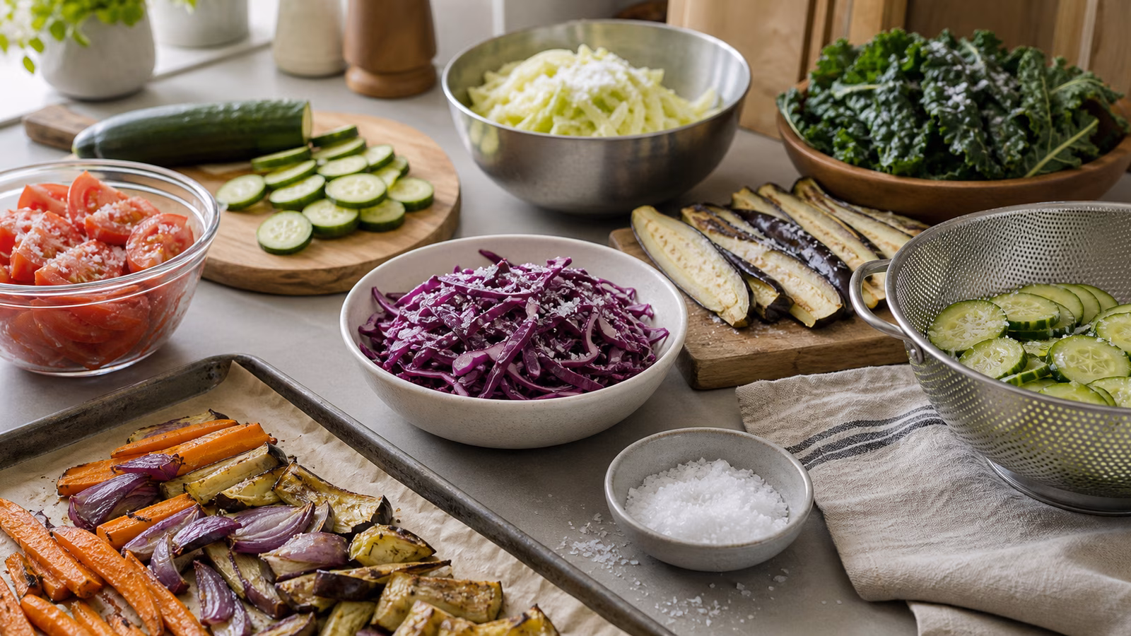 A home kitchen prep counter with cut cucumbers, cabbage, eggplant, tomatoes, carrots, leafy greens, coarse salt, a colander, towels, and roasted vegetables.