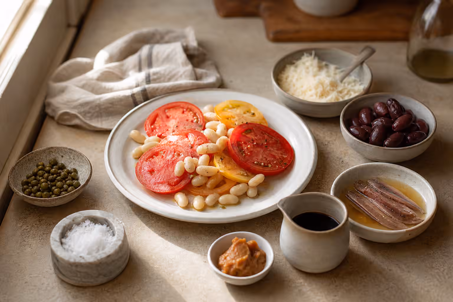 A kitchen table with anchovies, olives, capers, grated cheese, miso, soy sauce, beans, tomatoes, and a small salt cellar.