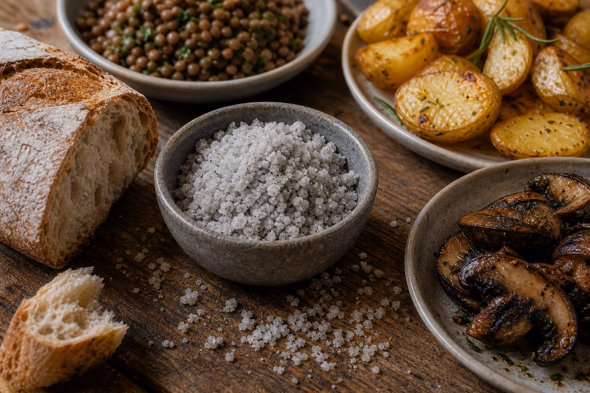 Moist gray sea salt in a stone bowl with roasted potatoes, lentils, crusty bread, and grilled mushrooms