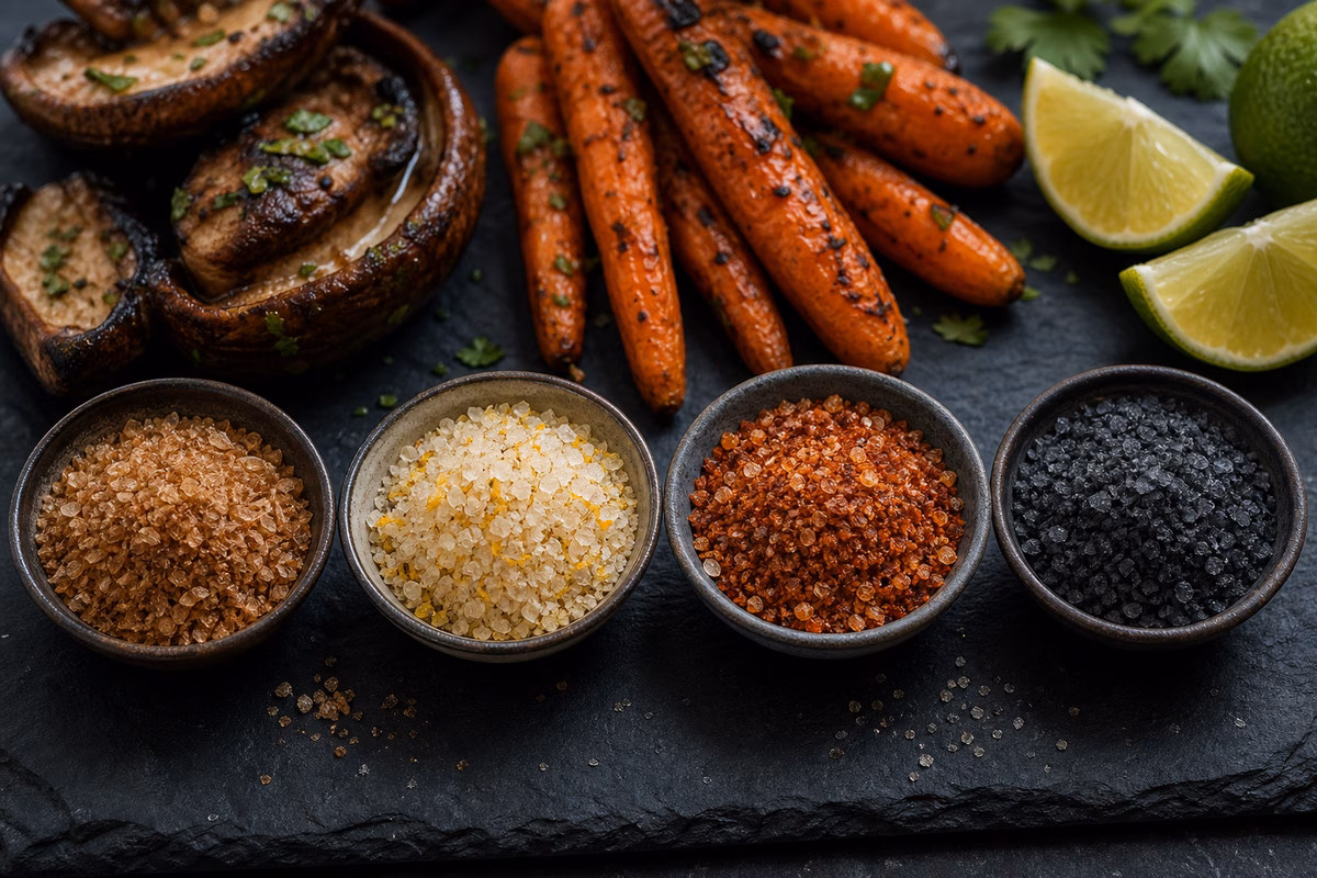 Smoked, citrus, chili, and black salts arranged beside grilled mushrooms, roasted carrots, and lime wedges