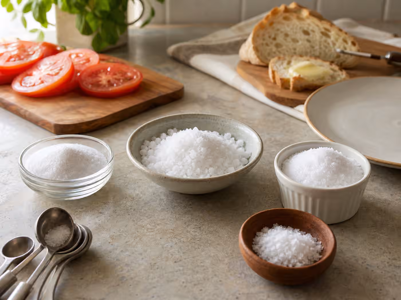 Bowls of fine salt, coarse crystals, and flaky salt beside tomatoes, bread, measuring spoons, and a ceramic plate on a kitchen counter.