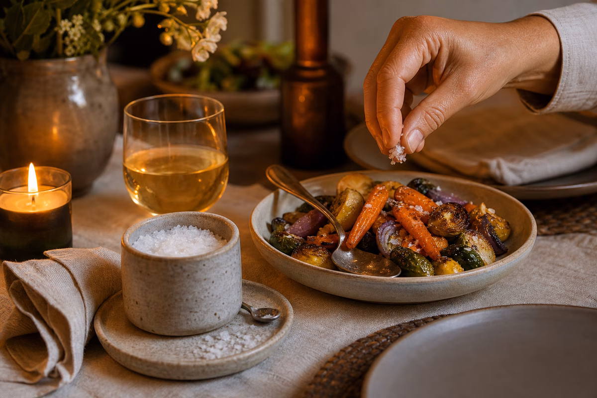 A ceramic salt cellar at the dinner table with a hand pinching flaky salt over roasted vegetables