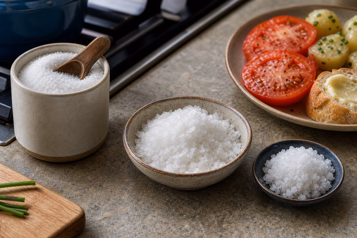A three-salt starter shelf with cooking salt, flake salt, moist sea salt, sliced tomato, potatoes, and buttered bread