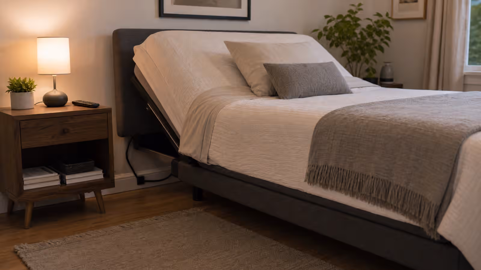 A calm bedroom with an adjustable bed gently raised, tidy bedding, lamp, remote, and routed cables.