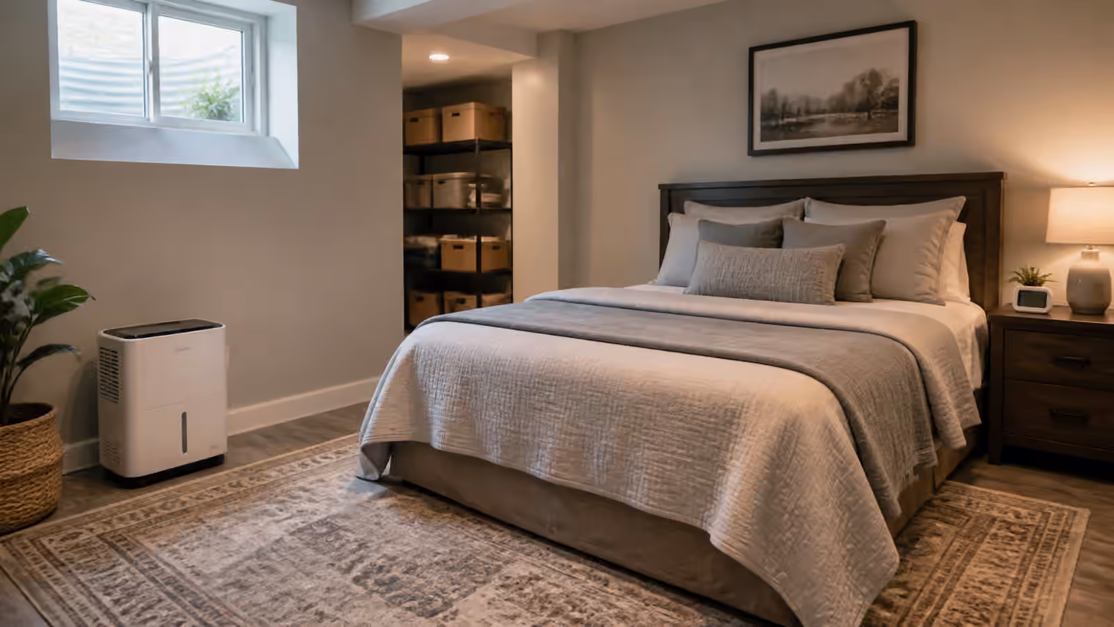 A clean basement bedroom with a low window, dehumidifier, layered bedding, rug, and humidity monitor.