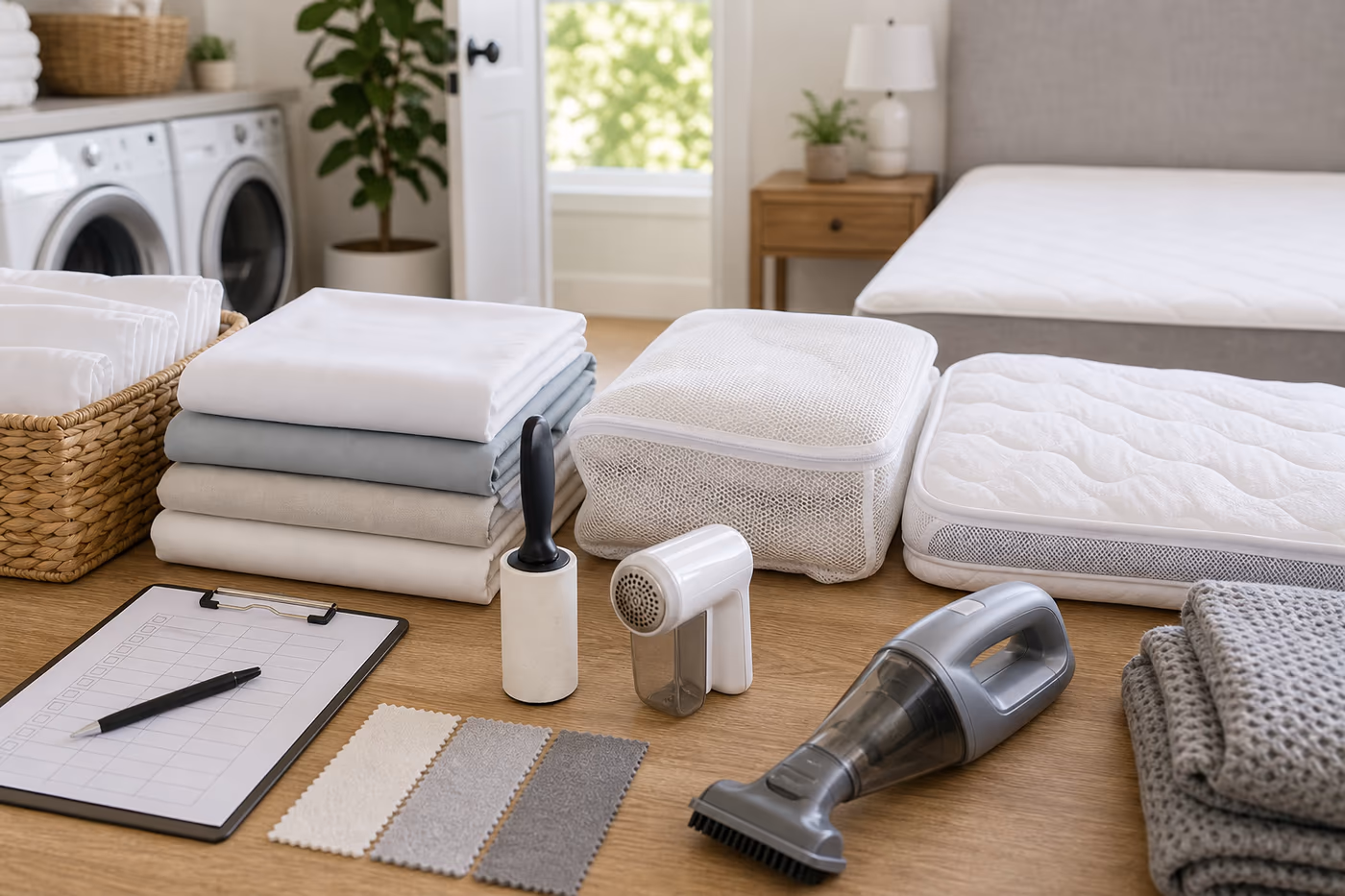 A bedding maintenance station with folded sheets, protectors, laundry notes, storage bags, and cleaning tools