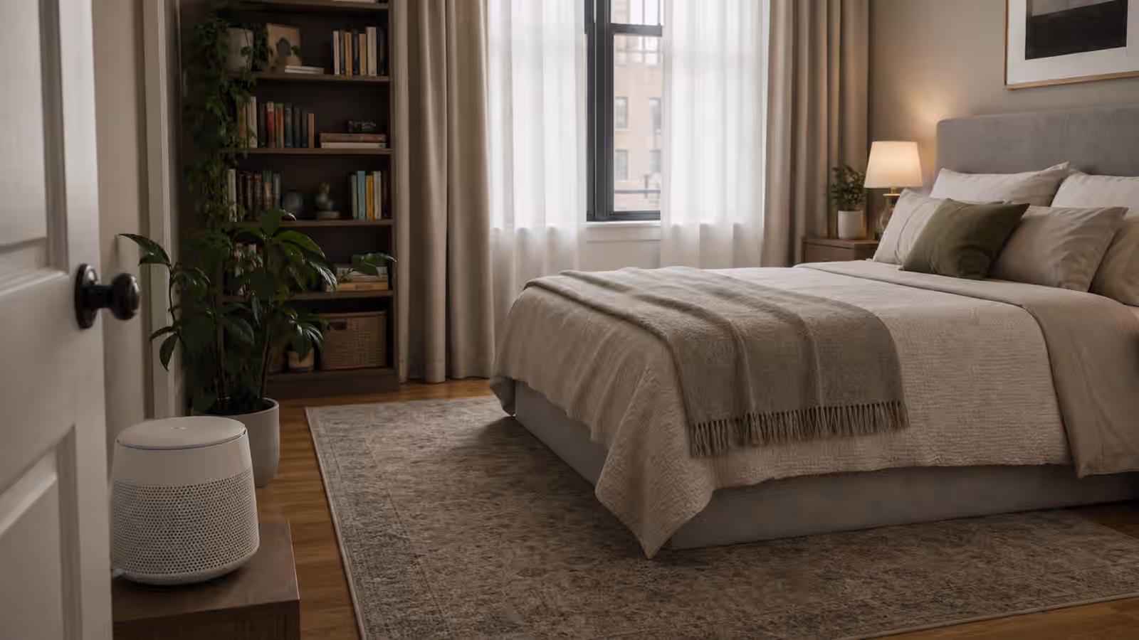 A bedroom with curtains, rug, fabric headboard, soft furnishings, and a small sound machine.