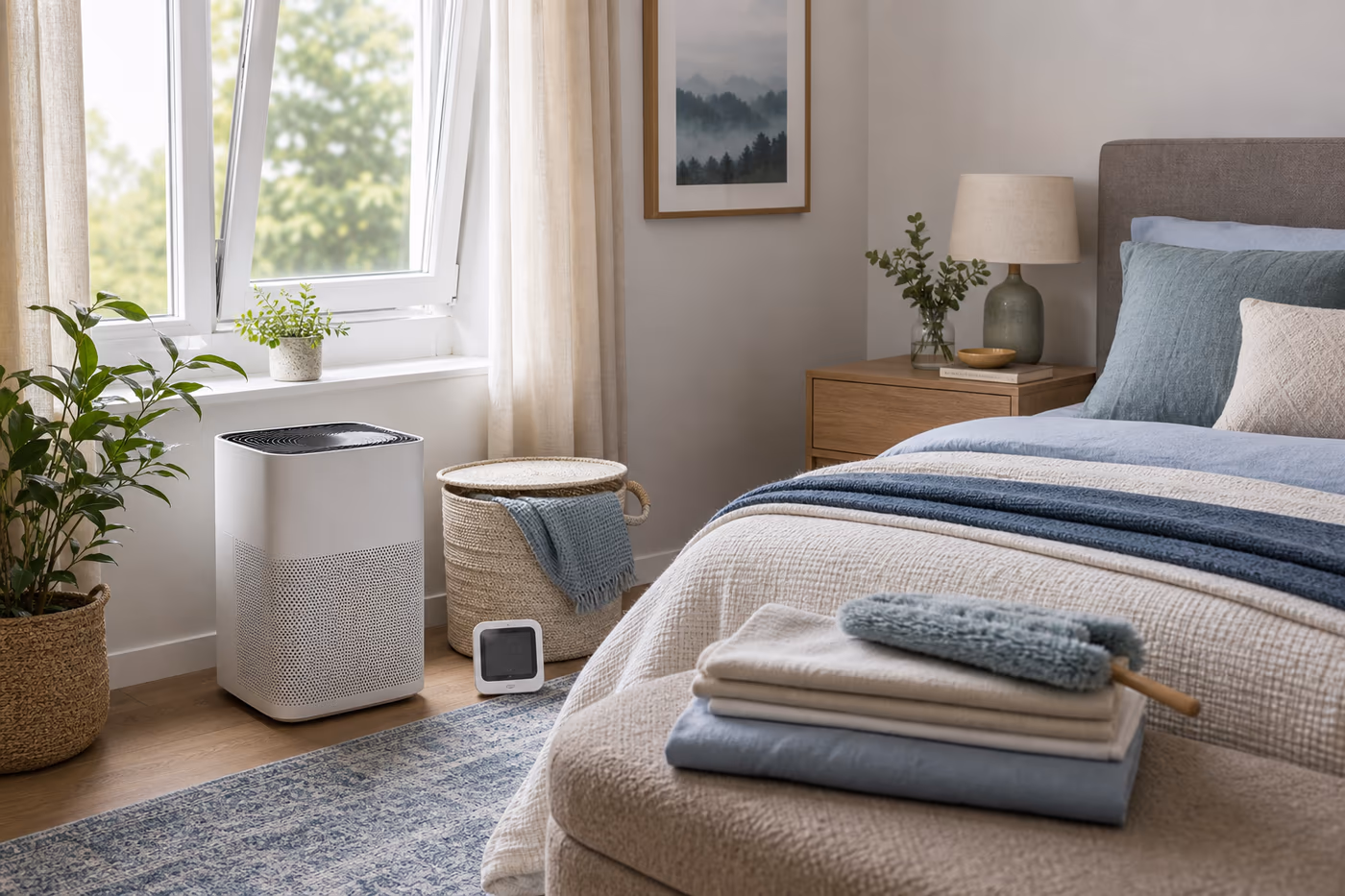 A bedroom air quality setup with purifier placement, clean bedding, ventilation path, humidity monitor, and dust-control tools