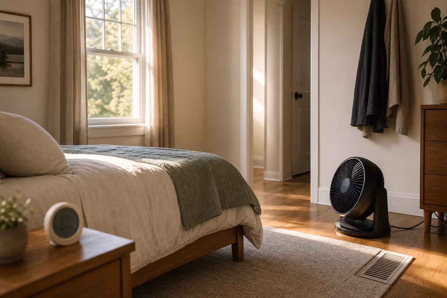 Bedroom fan aimed across a clear airflow path