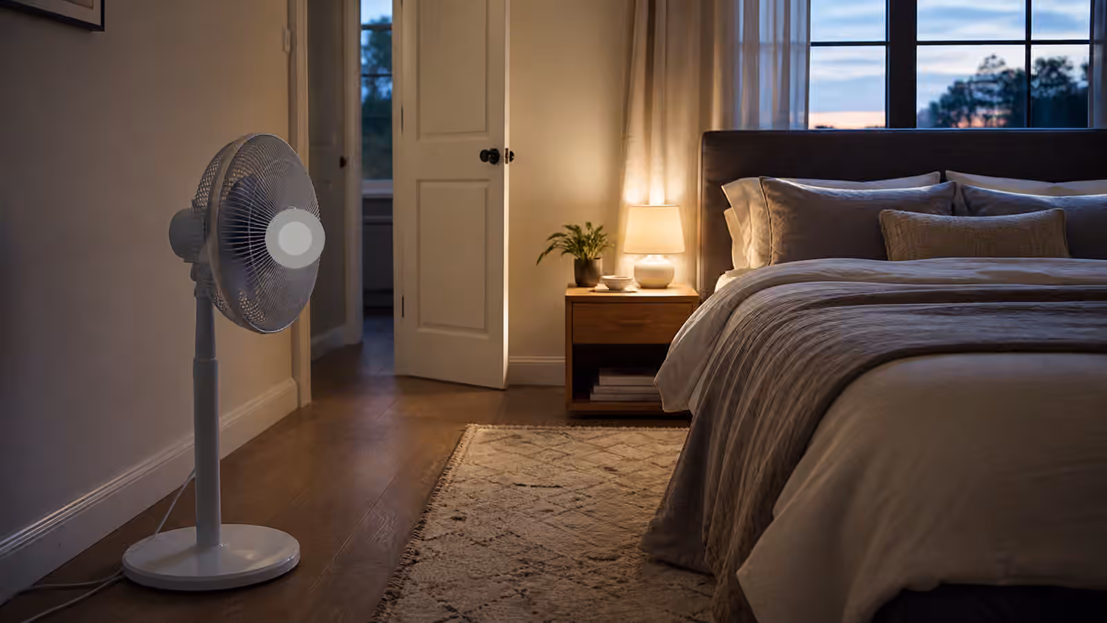 A quiet bedroom fan placed beside a clear floor path and aimed across the room.
