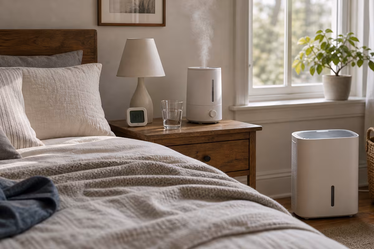 A calm bedroom with layered bedding, a nightstand, an indoor humidity monitor, a small humidifier, a small dehumidifier, and soft morning light.