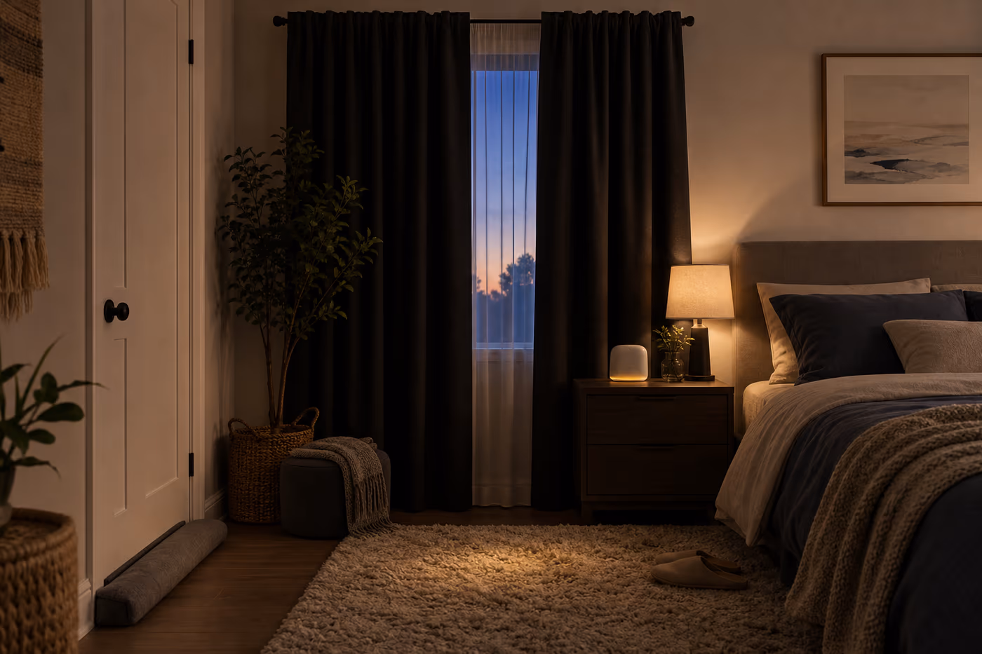 A small rented bedroom arranged for blackout and sound control with temporary curtains, rug, sound machine, and bedside essentials