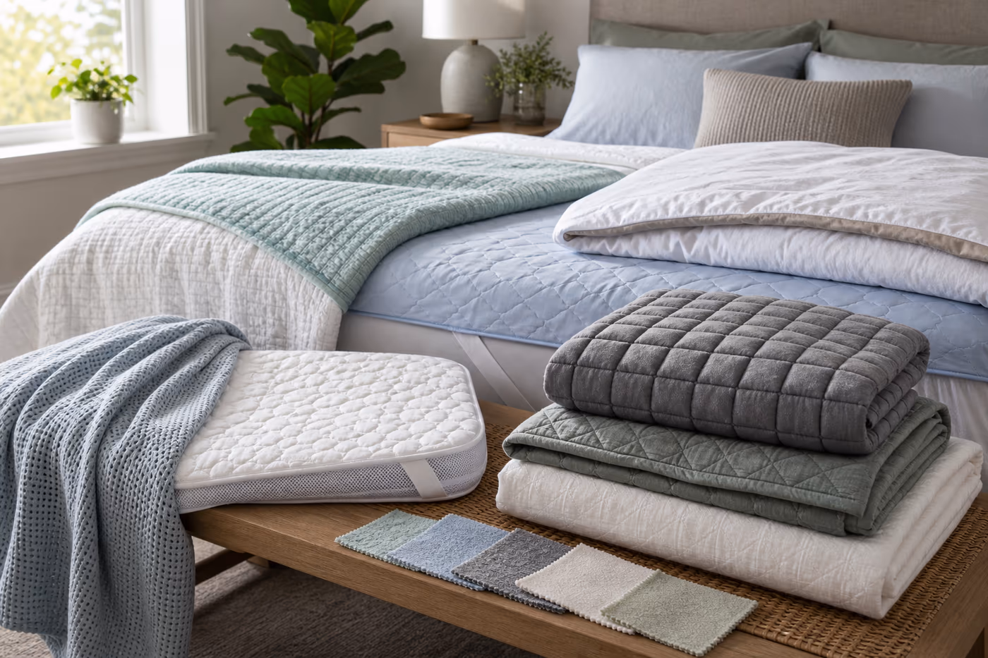 A cooling bedding layer setup with breathable sheets, light quilt, fabric swatches, airflow, and a tidy summer bed