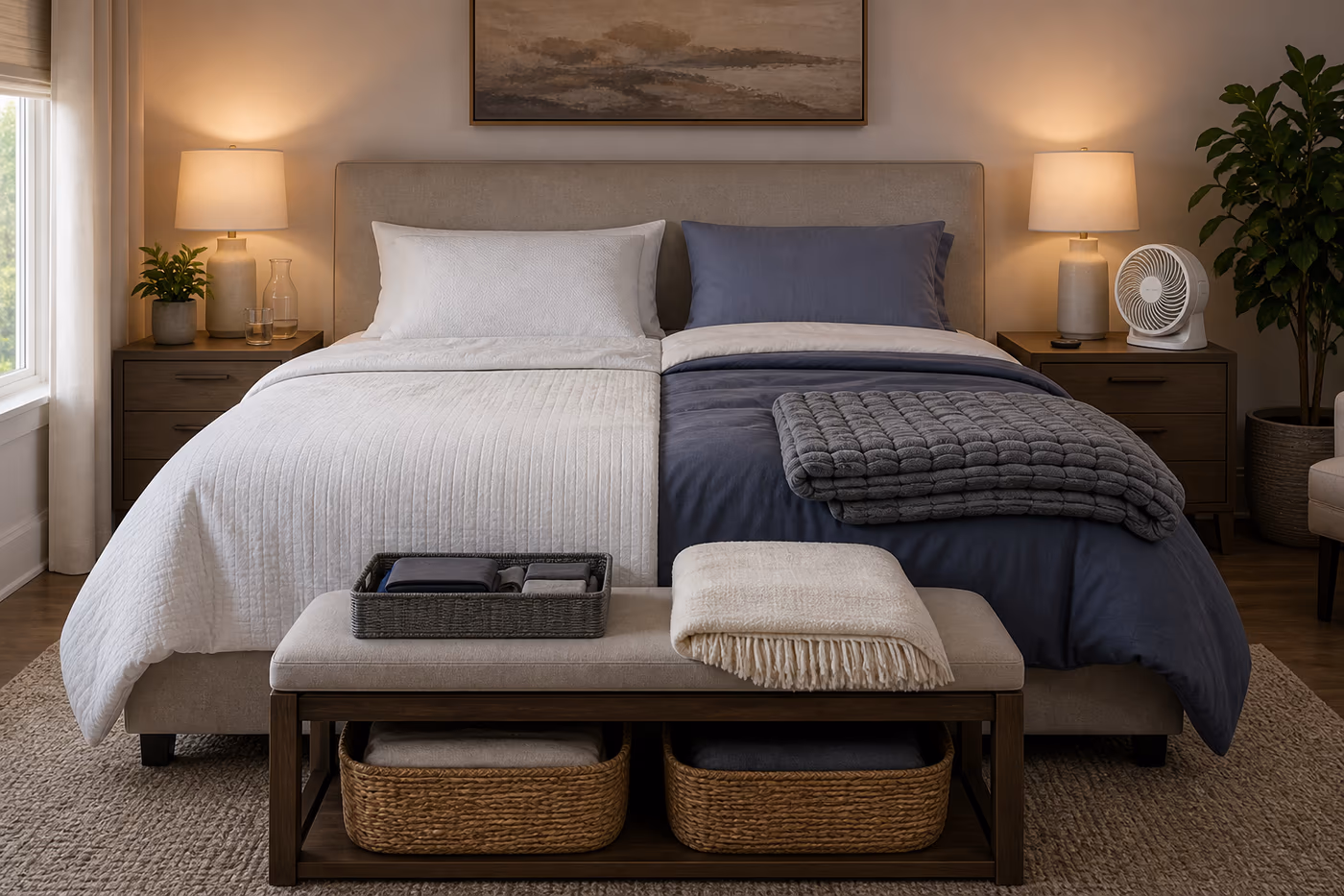 A shared bedroom arranged into two quiet sleep zones with separate light, bedding, storage, and schedule-friendly nightstand setups