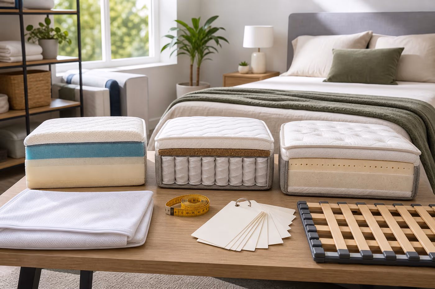 A mattress decision bench with fabric samples, measurement notes, foundation reminders, return policy cards, and bedding layers