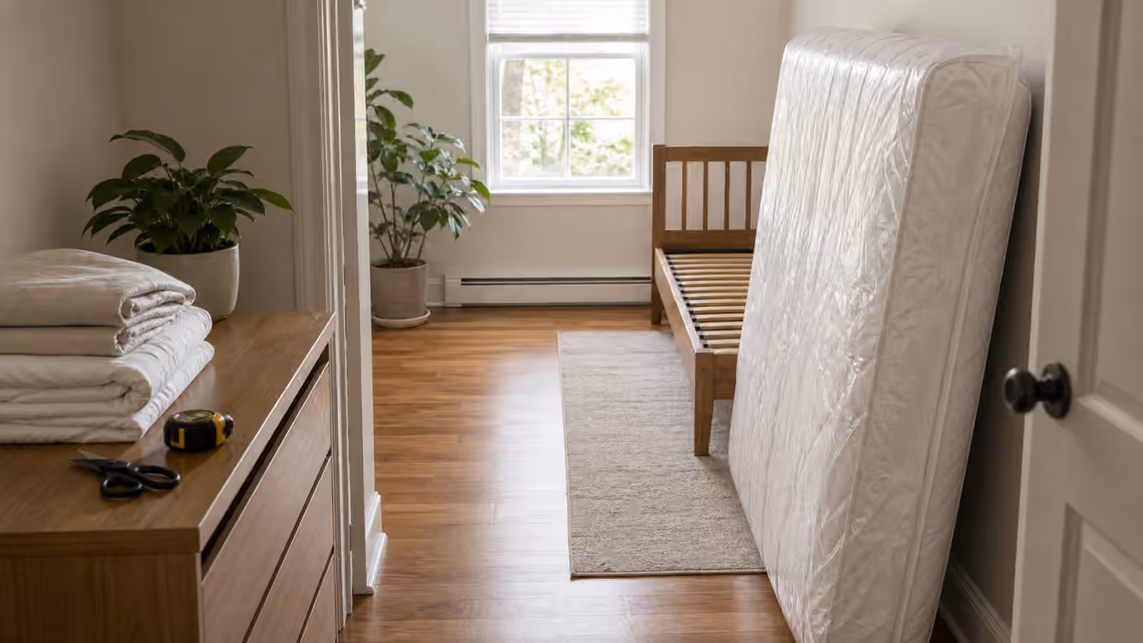 A bedroom prepared for mattress delivery with a clear path, folded bedding, and plain wrapped mattress.