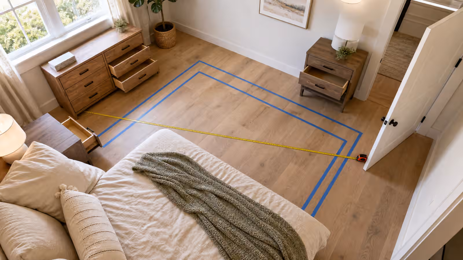 Bedroom floor taped to compare mattress footprint and walking clearance