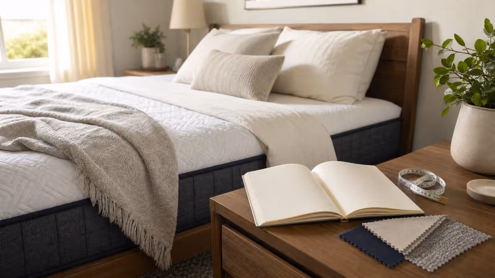 A neat bedroom with a mattress, fabric swatches, tape measure, and blank comfort notebook.