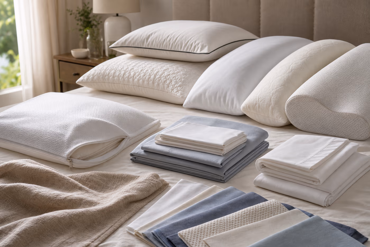 A pillow and sheet fit lab with pillow loft samples, sheet depth notes, fabric swatches, and a measured mattress corner