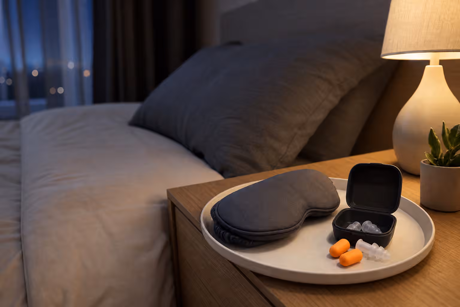 A soft sleep mask and earplugs arranged on a bedside tray beside a warm lamp and a made bed.