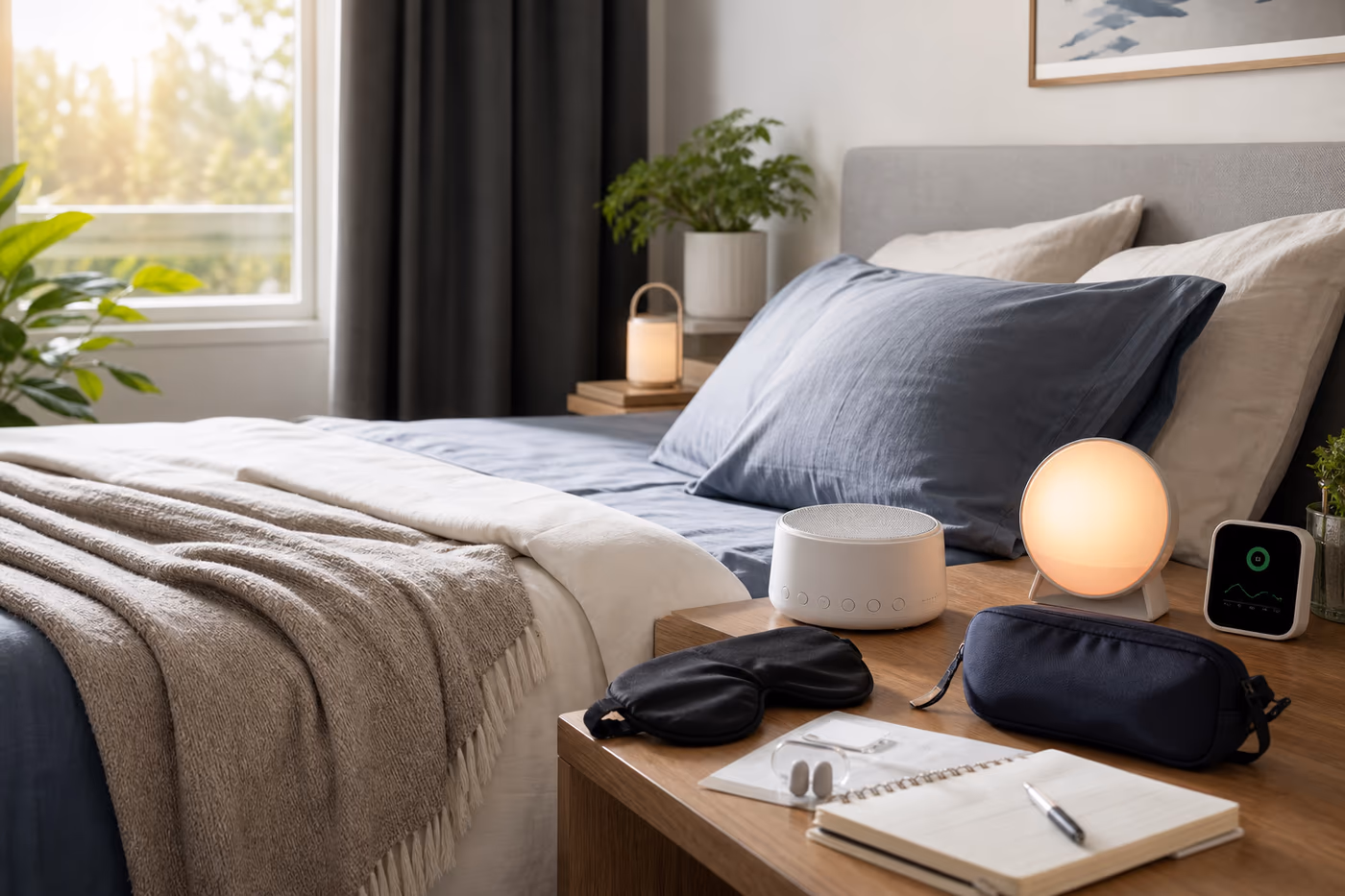 A calm bedroom setup lab with layered bedding, blackout curtains, a sunrise alarm, white-noise machine, air-quality monitor, and a travel sleep kit arranged around a neatly made bed
