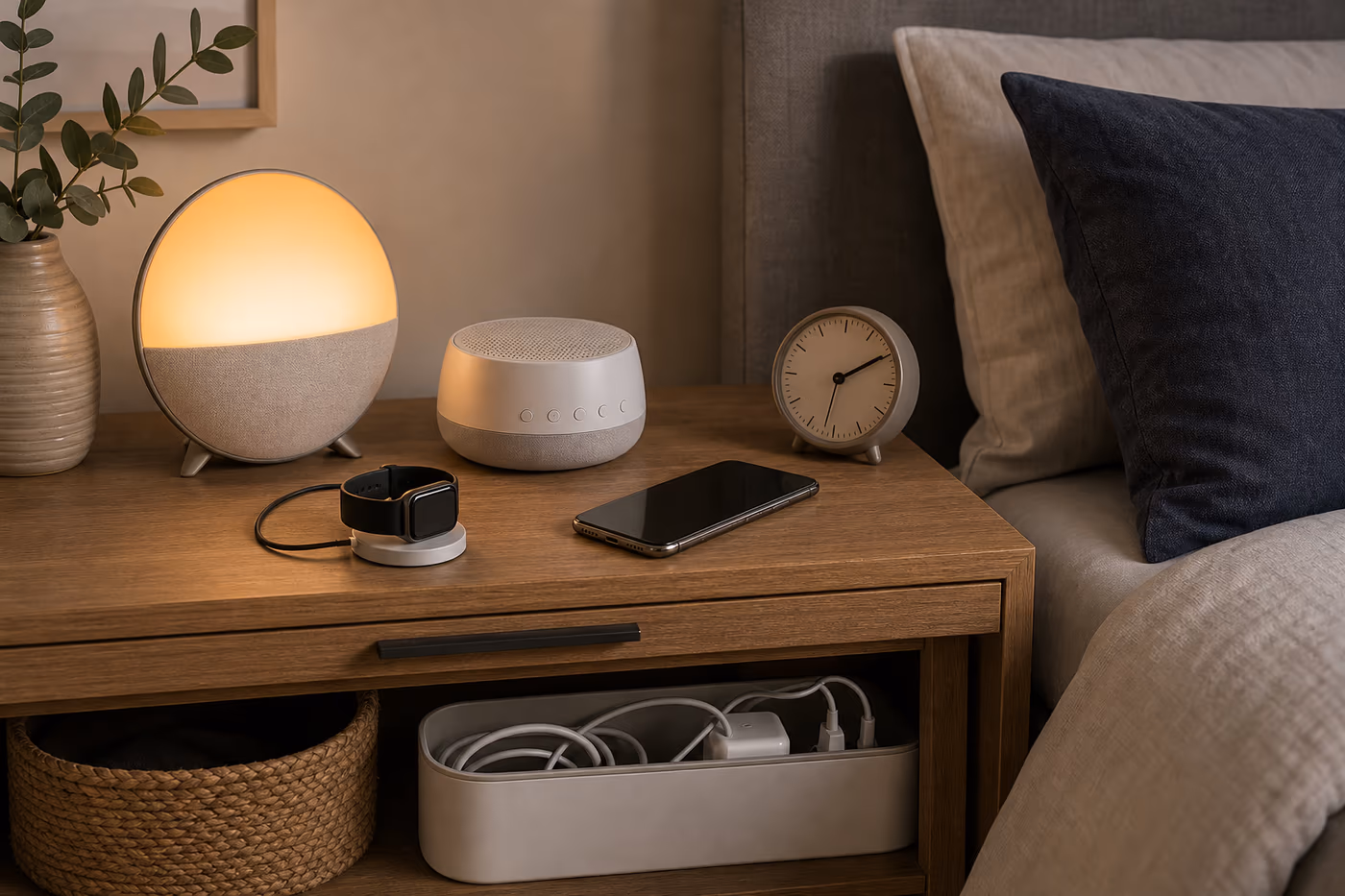 A sleep tech nightstand with dimmable light, simple controls, charging tray, quiet tracker, and no bright screens