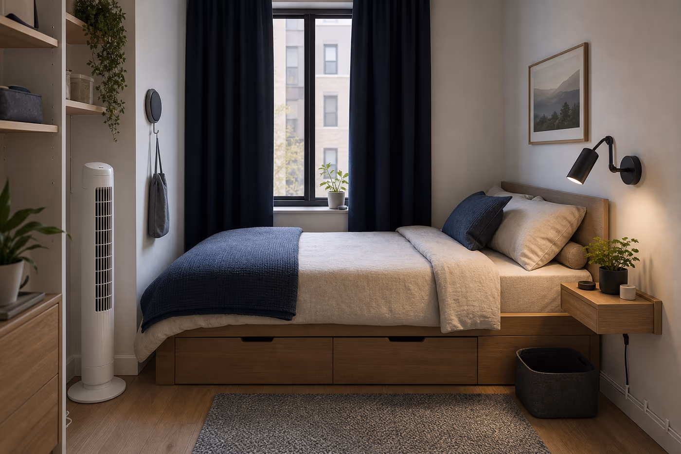 A small bedroom sleep layout with measured walkway, low storage, compact nightstand, layered bedding, and calm traffic flow