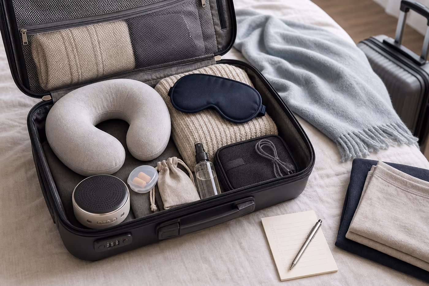 A compact travel sleep kit with eye mask, earplugs, pillowcase, cable pouch, sound device, clips, and a soft travel layer