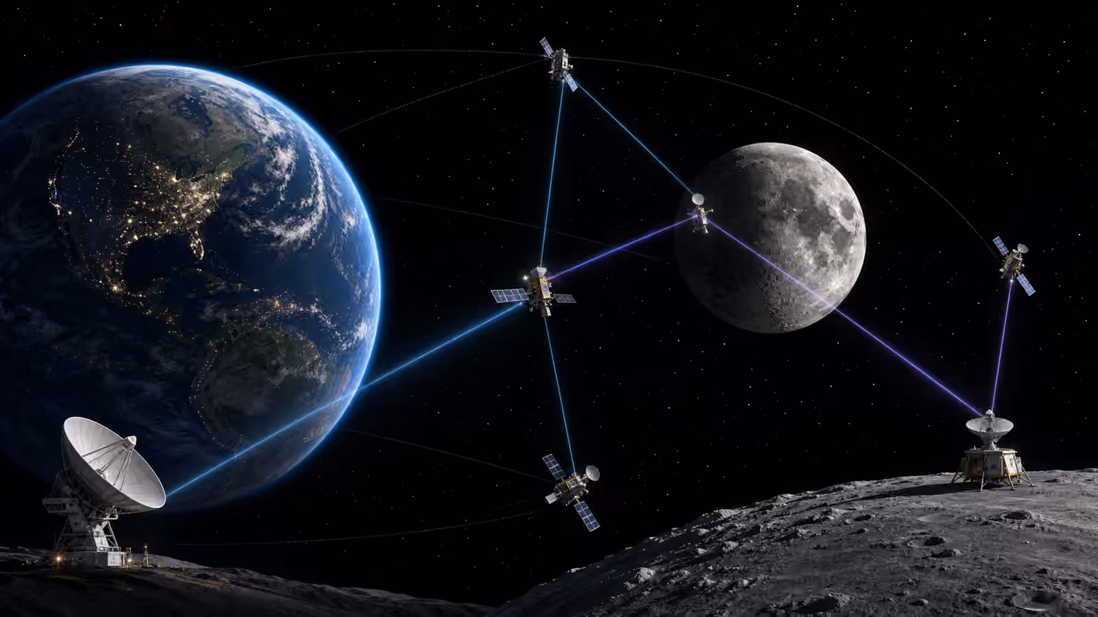 Earth, the Moon, relay satellites, a lunar surface antenna, and a deep-space dish connected by subtle signal beams.