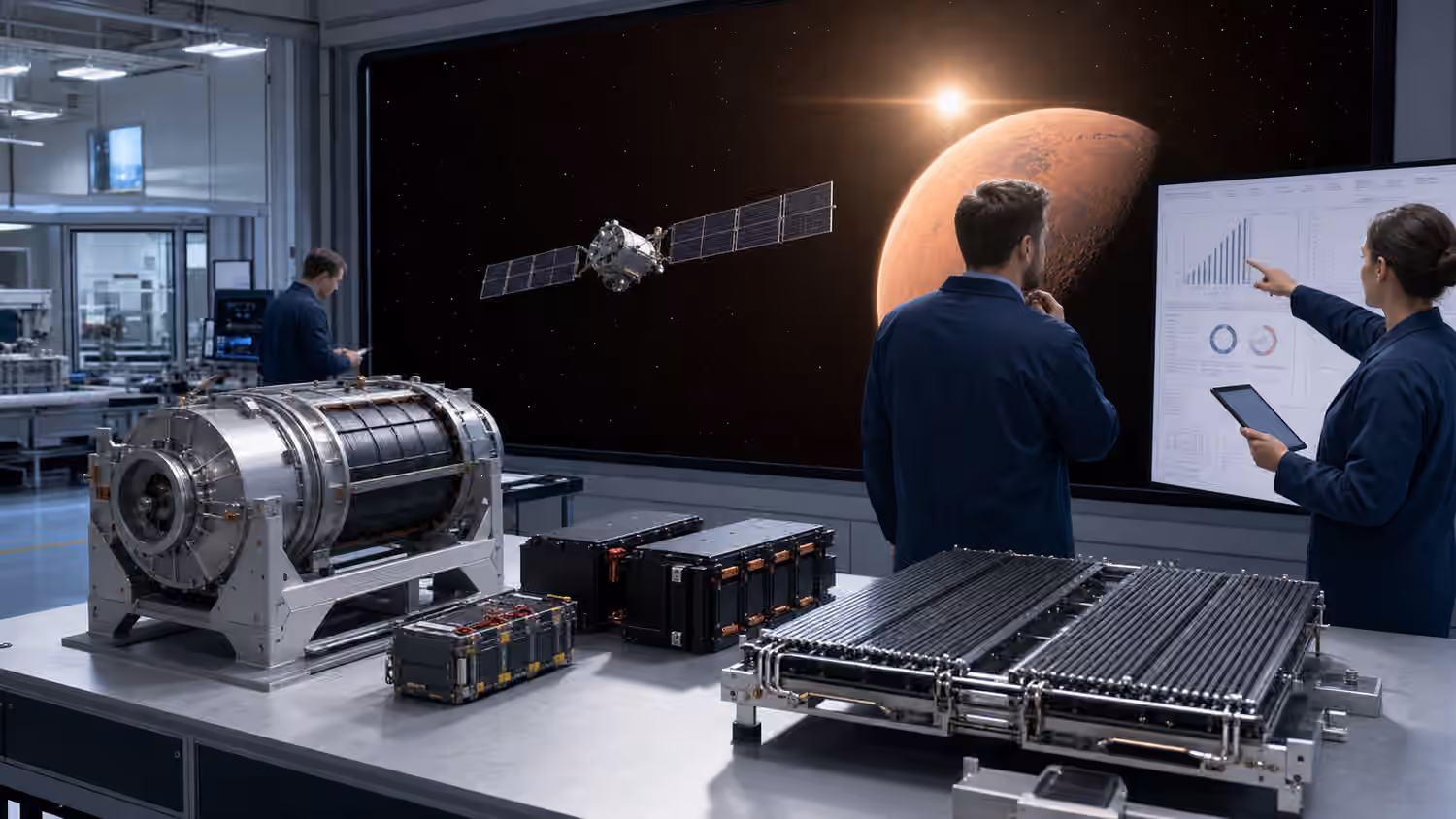 Engineers compare spacecraft solar arrays, battery modules, radiators, and sealed deep-space power hardware in a clean integration lab.