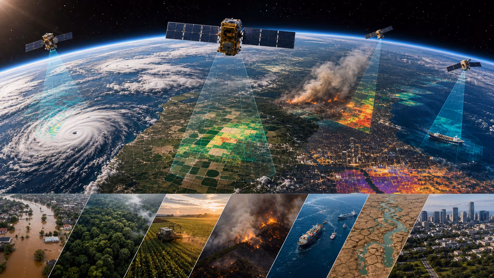 Earth from orbit with satellites scanning clouds, farms, forests, oceans, wildfire smoke, shipping lanes, and city heat patterns.