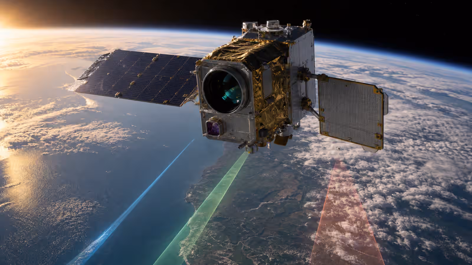 An Earth observation satellite over a coastline using optical, radar, and infrared sensing beams without labels or readable text.