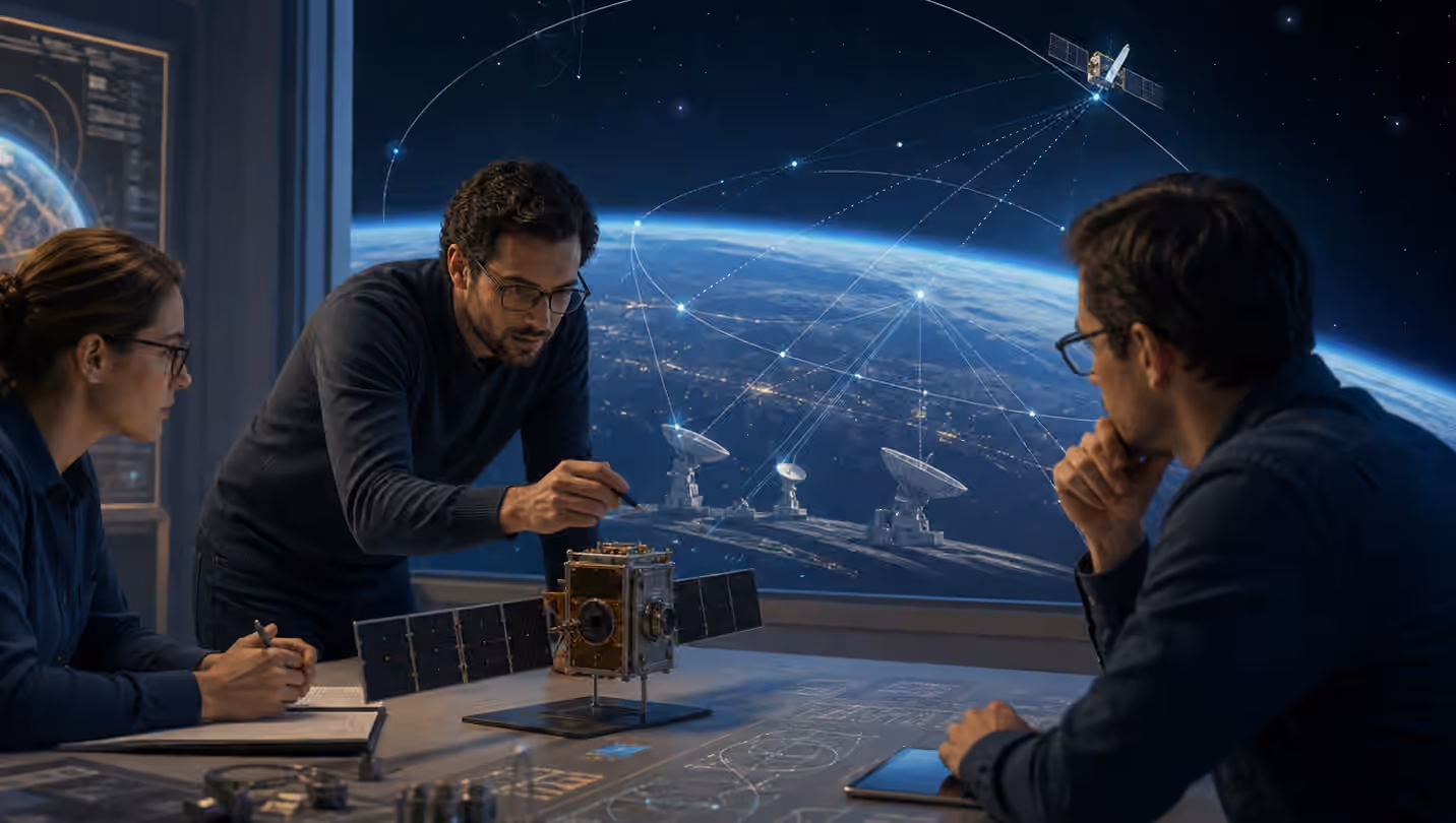 Flight dynamics specialists compare orbit arcs, ground tracking geometry, and a small satellite model above a blue Earth horizon.