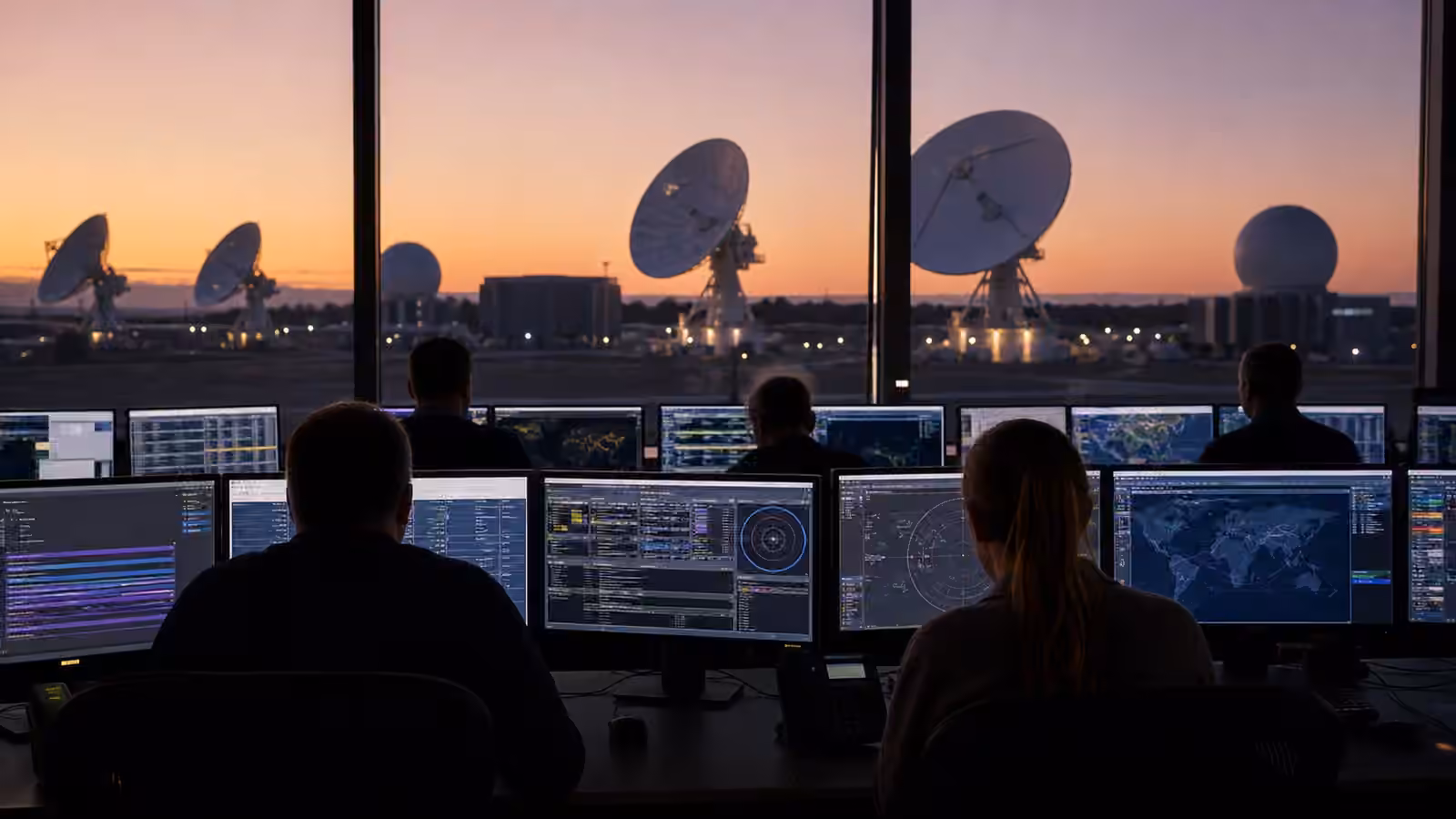 Engineers monitor ground station antennas through an operations room window as satellite passes are coordinated at dusk