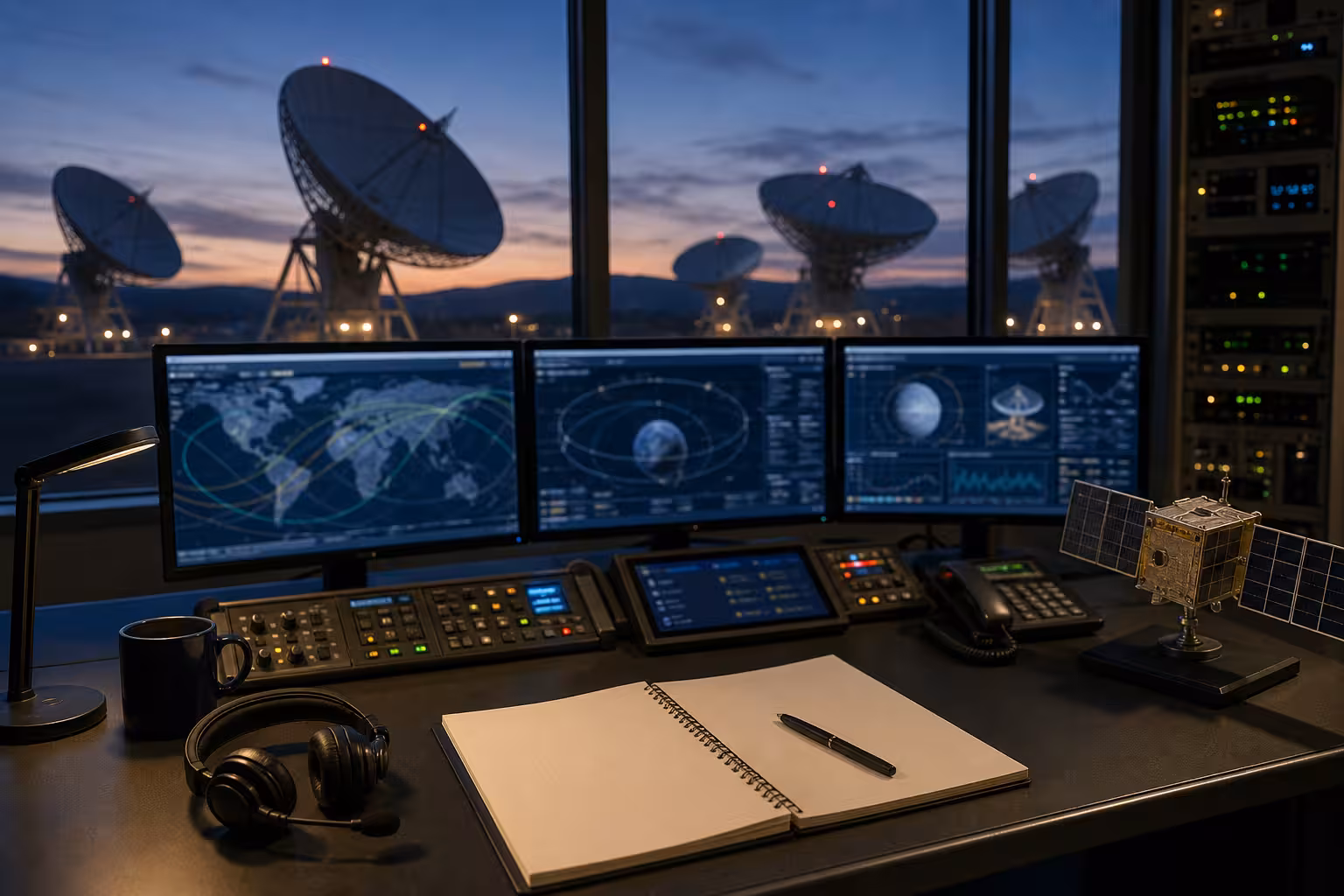 A ground station operations room with satellite dishes outside, unreadable orbital-track monitors, headset, blank notebook, and small satellite model.