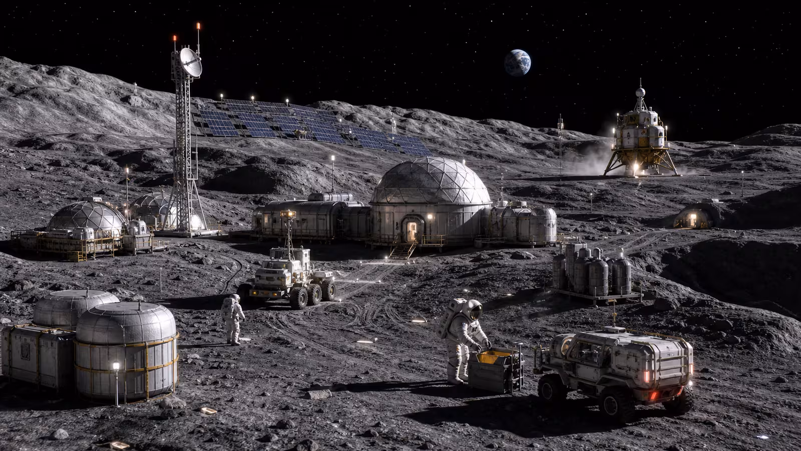 A lunar south-pole landscape with habitat, solar arrays, rover tracks, cargo lander, communications mast, shaded crater edge, and storage tanks.