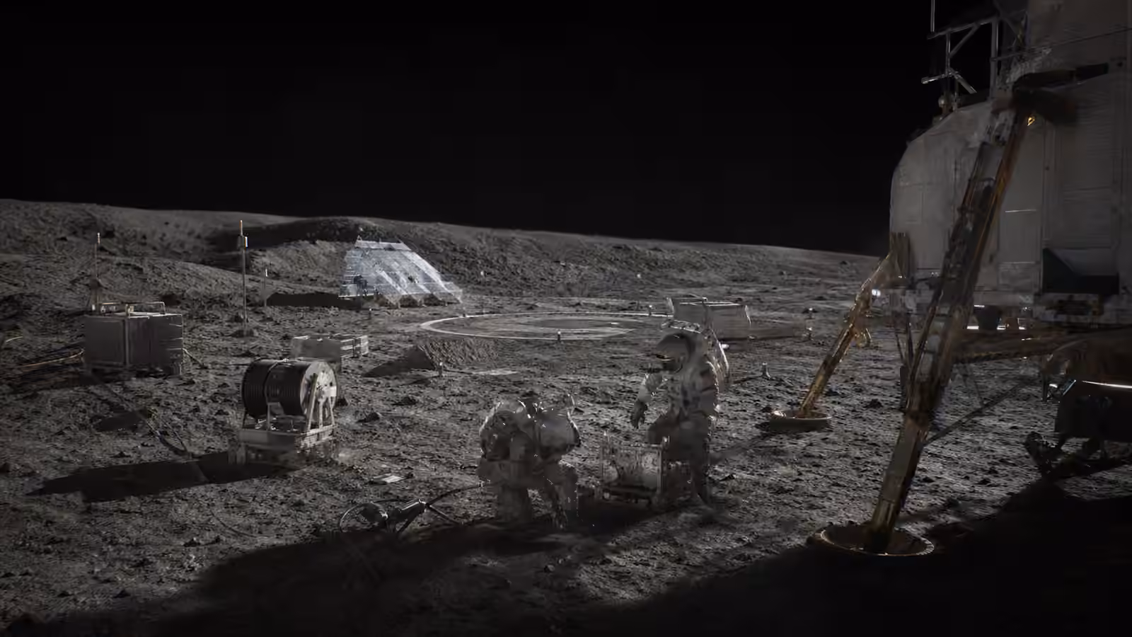 A practical lunar worksite with a landing pad, dust berms, solar panels, cable reels, cargo pallets, and suited workers