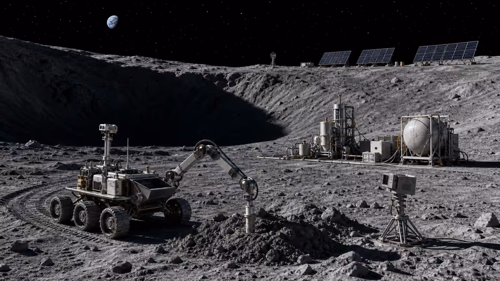 A lunar surface worksite with unbranded prospecting rover tracks, shaded crater terrain, solar arrays, and regolith processing equipment.