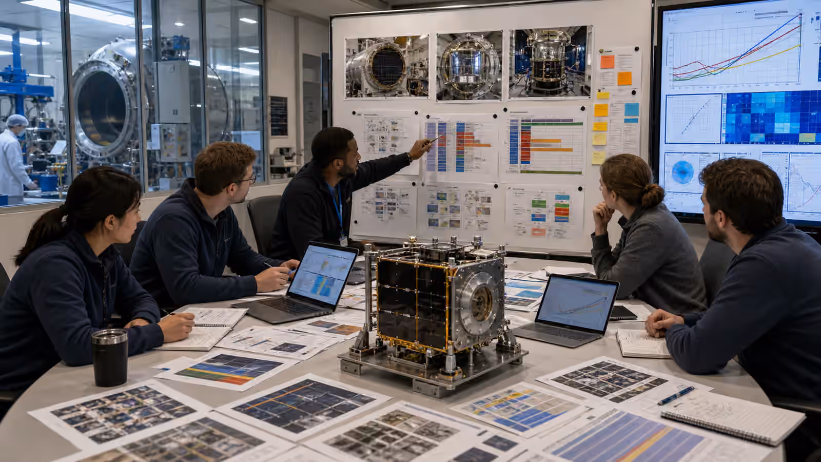 Engineers review spacecraft test evidence, risk boards, and hardware photos around an unbranded conference table.