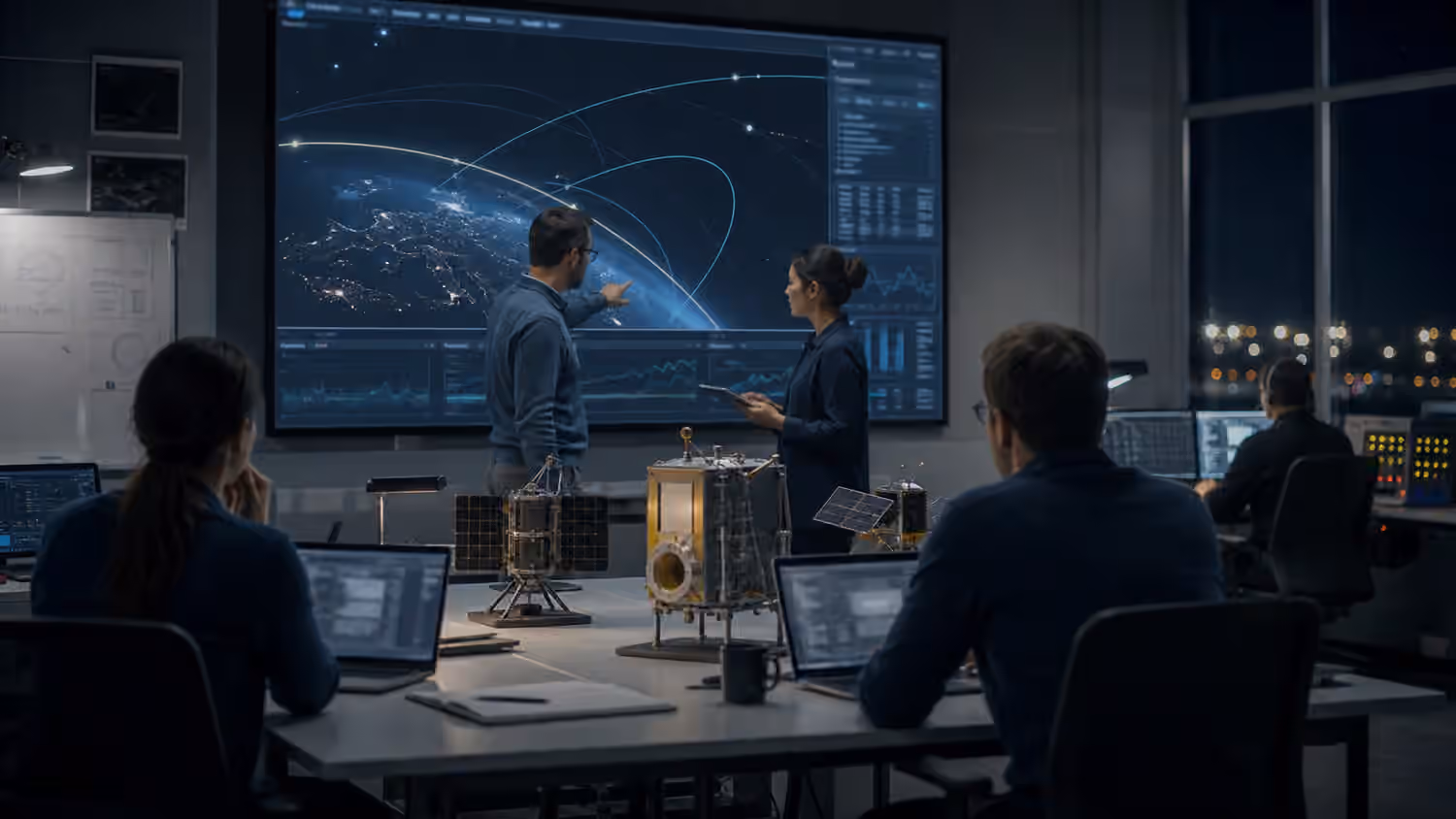 Engineers rehearse a satellite mission in a simulation room with generic spacecraft models and unreadable orbit displays.