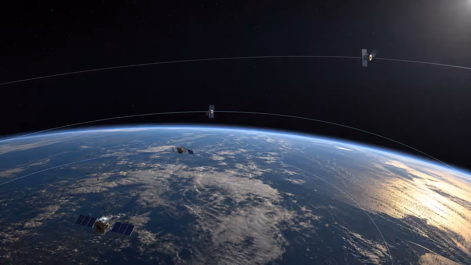 Earth from orbit with small satellites following several altitude bands to show how mission design changes by orbit