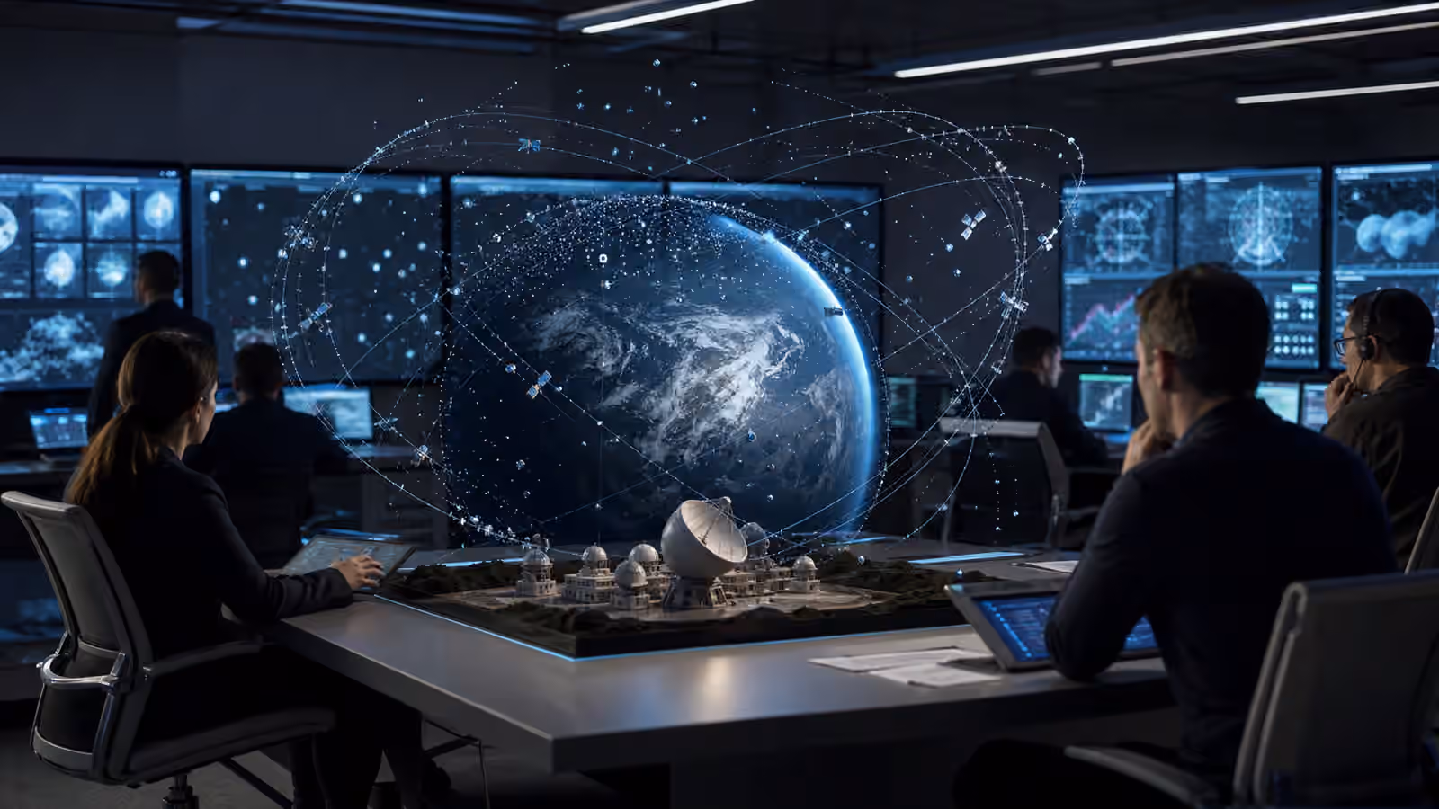 Orbital traffic room tracking satellites and debris around Earth