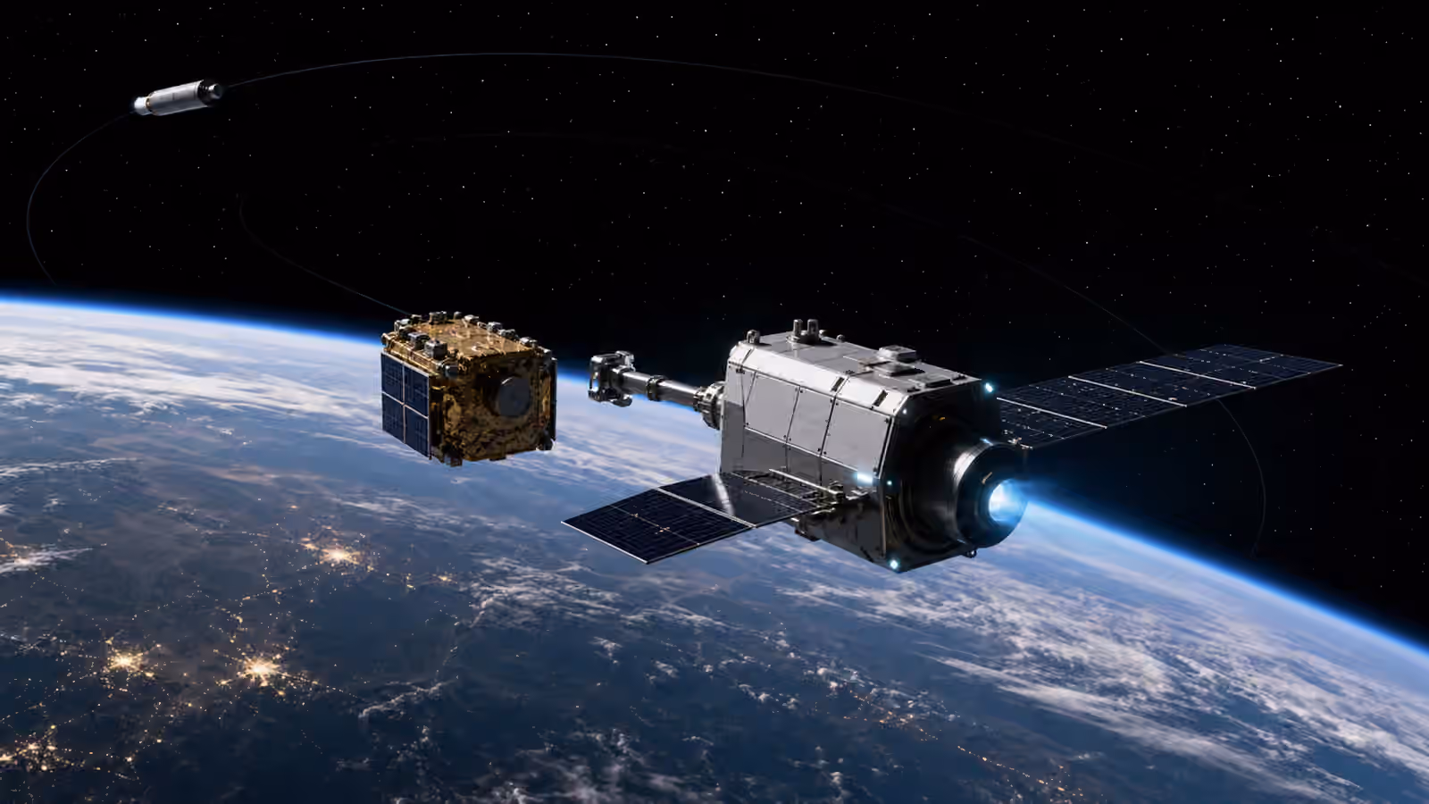 An unbranded orbital transfer vehicle escorts a compact satellite above Earth with a faint thruster plume and a distant upper stage.